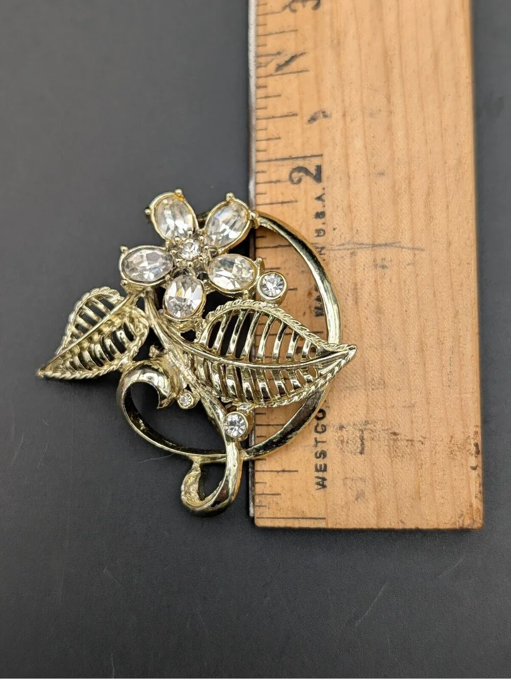 Flower Brooch Clear Rhinestone Floral Leaf Pin 1.75